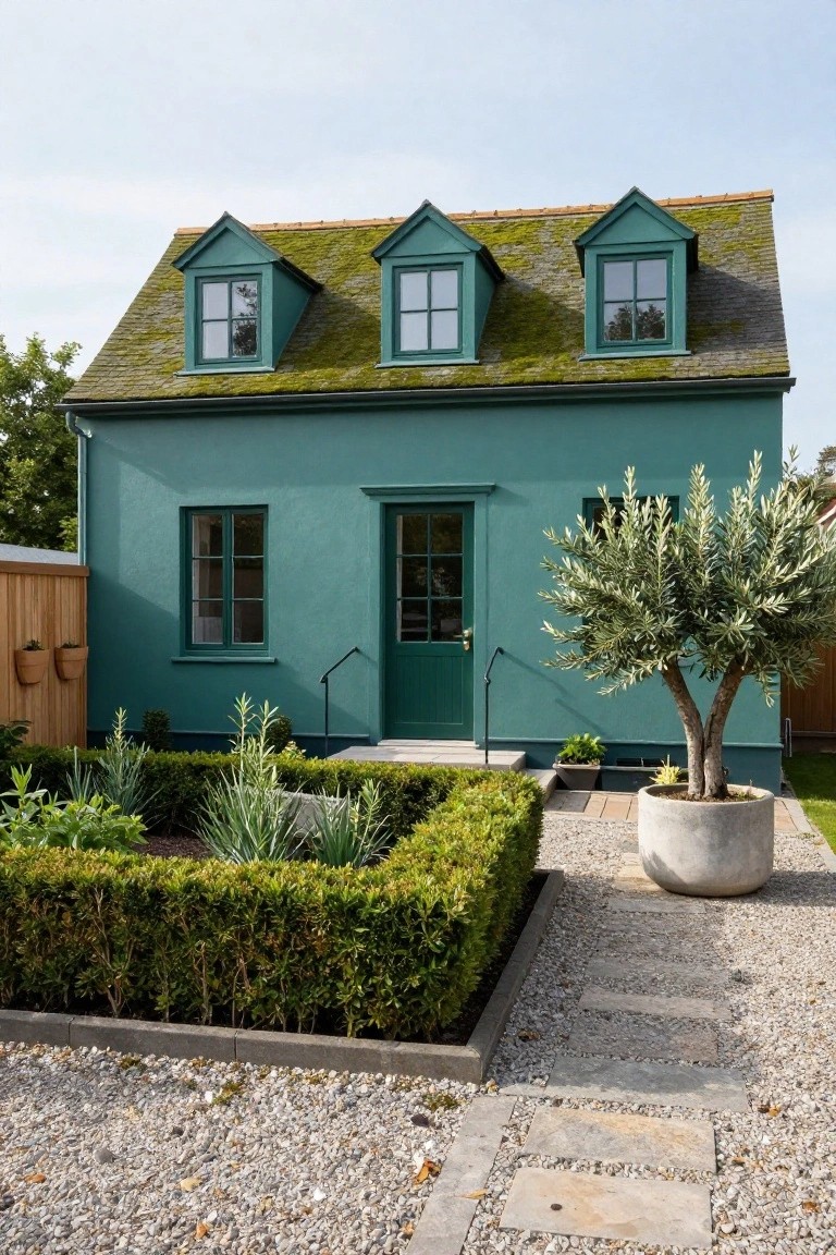 Small teal green cottage with mossy slate roof, two dormer windows, side windows, green front door with steps, boxwood hedge border, potted olive tree, and gravel path.
