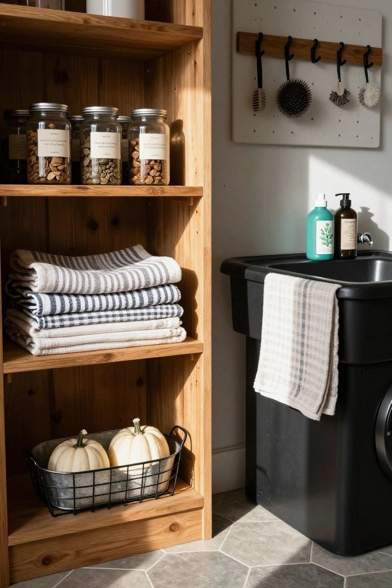 Wooden open shelving unit in a laundry room displaying jars of dried mushrooms and nuts, stacked striped towels, and a wire basket holding two small white pumpkins, beside a black utility sink with soap bottles and wall-hung brushes.