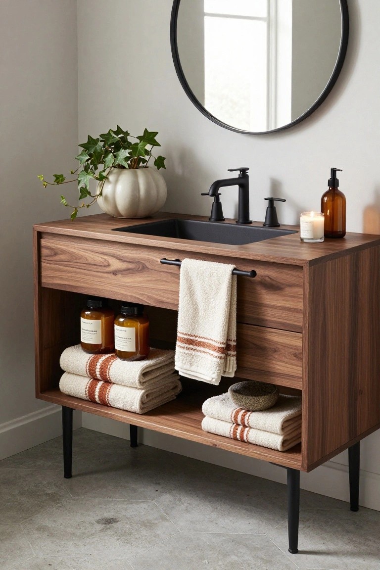 Walnut wood bathroom vanity on black legs with open lower shelving displaying folded cream towels accented with orange stripes, amber glass bottles, stoneware bowl, ivy plant in white pumpkin pot, black sink faucet, round black mirror, and candles on top.