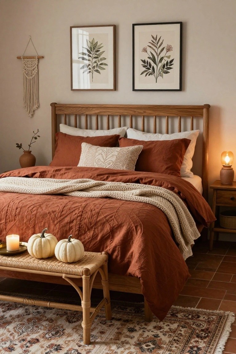 A cozy bedroom with a wooden spindle bed covered in terracotta quilt and pillows, a rattan bench at the foot holding two white pumpkins and a candle on a tray, a bedside table with lamp, wall art, macrame hanging, and terracotta tile floor.