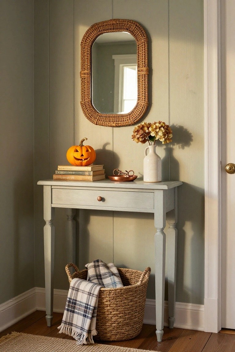 Sage green console table in room corner with stacked books topped by orange jack-o-lantern pumpkin, copper dish holding keys, white jug of dried flowers, oval woven mirror above, wicker basket with plaid blanket below, against wood-paneled wall beside closed door.