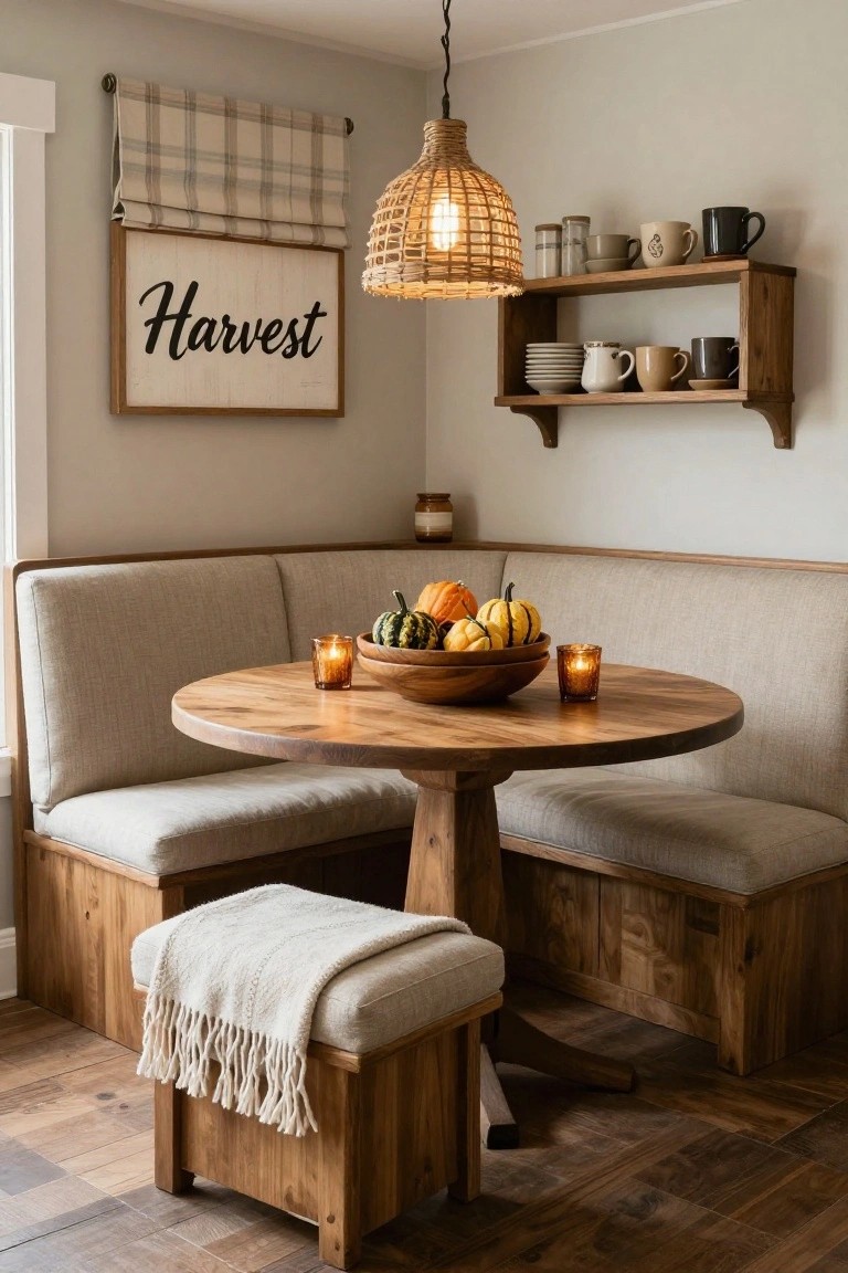 Kitchen corner with beige booth seating around a round wooden table holding a bowl of pumpkins and candles, open wooden shelves with dishes above, rattan pendant light, and harvest sign on light gray wall.