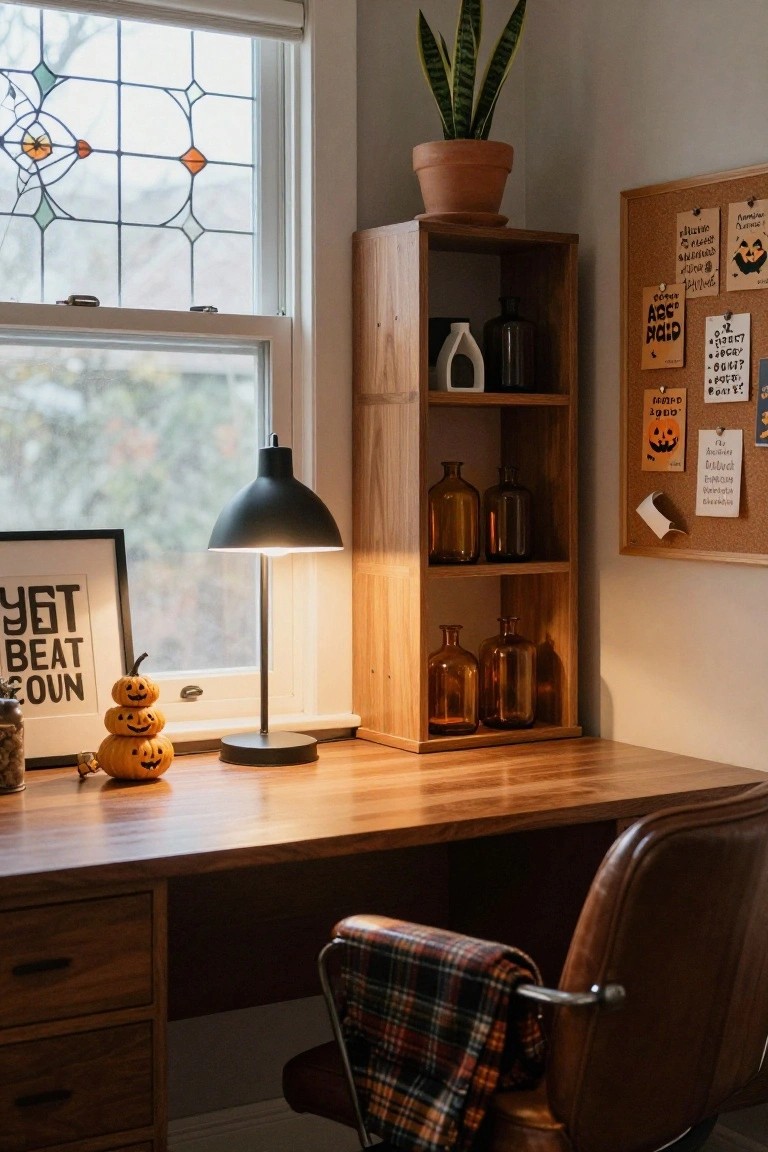 Wooden desk with stacked jack-o-lantern pumpkins, black desk lamp, and desk accessories in a room with wood shelves holding amber bottles, a snake plant in a terracotta pot, plaid-draped leather chair, and corkboard with Halloween notes next to a stained glass window.
