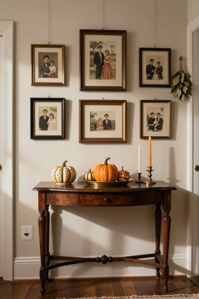 Beige entryway with wooden console table holding speckled and orange pumpkins on a gold tray, brass candlesticks with tapers, under a gallery wall of gold-framed portraits, flanked by doors and a dried leaf garland.