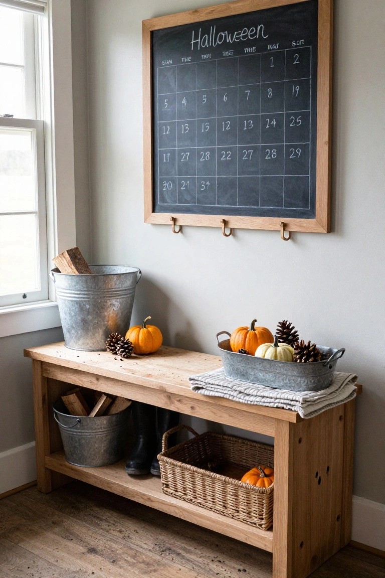 Wooden entry bench against a light gray wall under a framed chalkboard Halloween calendar, with galvanized buckets holding firewood and pumpkins, boots on the shelf below, and a metal tray of pumpkins and pinecones on top.