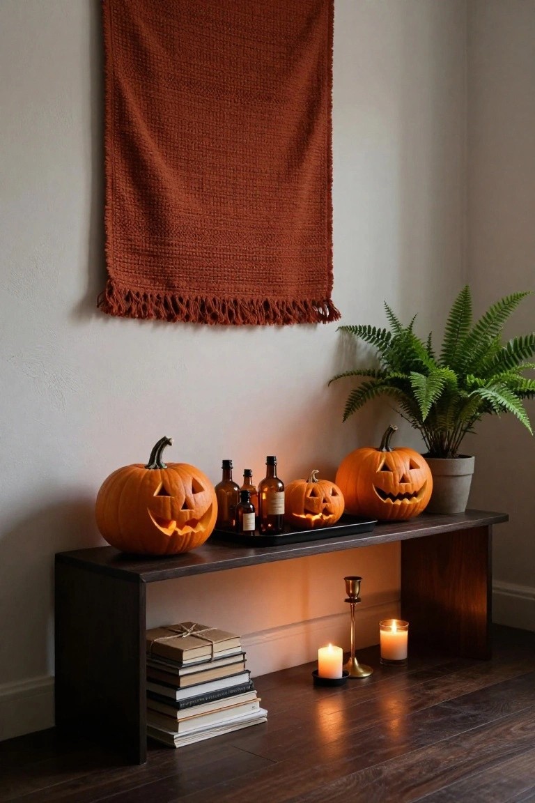Wooden bench in a corner holding three carved jack-o-lanterns, glass bottles, and a tray, with candles and stacked books below, a hanging red tapestry, and a green fern plant nearby.