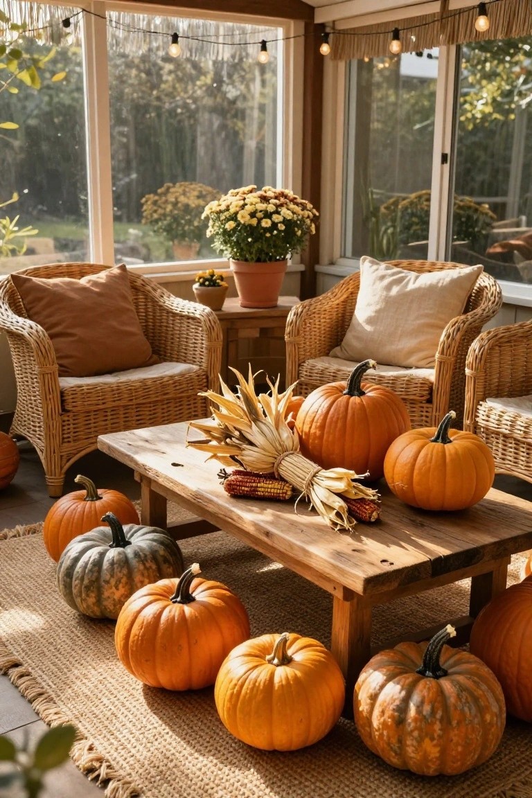 Sunroom porch featuring wicker armchairs with cushions around a wooden table holding pumpkins, cornstalks, and Indian corn, with more pumpkins on the floor and plants near glass windows.