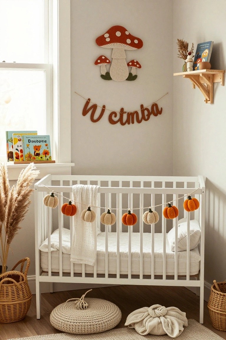 White wooden crib in a light gray nursery corner with knitted pumpkin garland hanging along the side, felt mushroom decorations on the wall, pampas grass, books on a shelf, and woven baskets on the floor.
