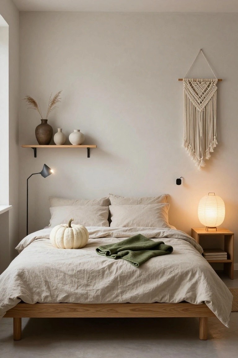 A minimalist bedroom with beige linen bedding on a wooden frame bed, a white pumpkin centered on the bed, green throw blanket, wooden nightstand with paper lantern lamp and books, floating wooden shelf holding three ceramic vases and pampas grass, macrame wall hanging, black floor lamp, and white walls.