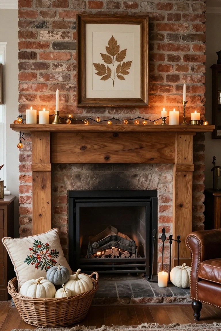 Brick fireplace with wooden mantel holding multiple white candles in brass holders, orange string lights draped across, gold leaf artwork framed above, and pumpkins in a wicker basket on the hearth beside a leather armchair.
