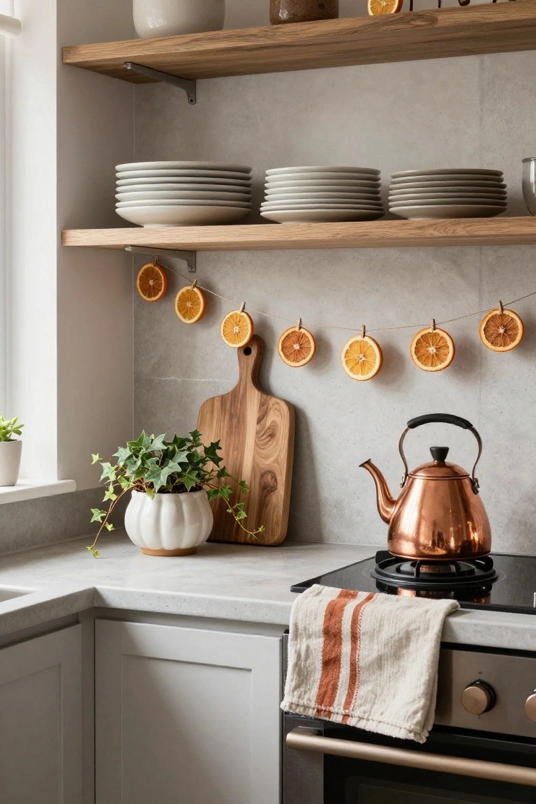Kitchen corner with oak shelves holding stacked white plates and jars, garland of dried orange slices hanging on twine with clothespins against tiled wall, potted ivy plant and wooden cutting board on counter, copper kettle on gas stove, beige towel with orange stripes on oven handle.