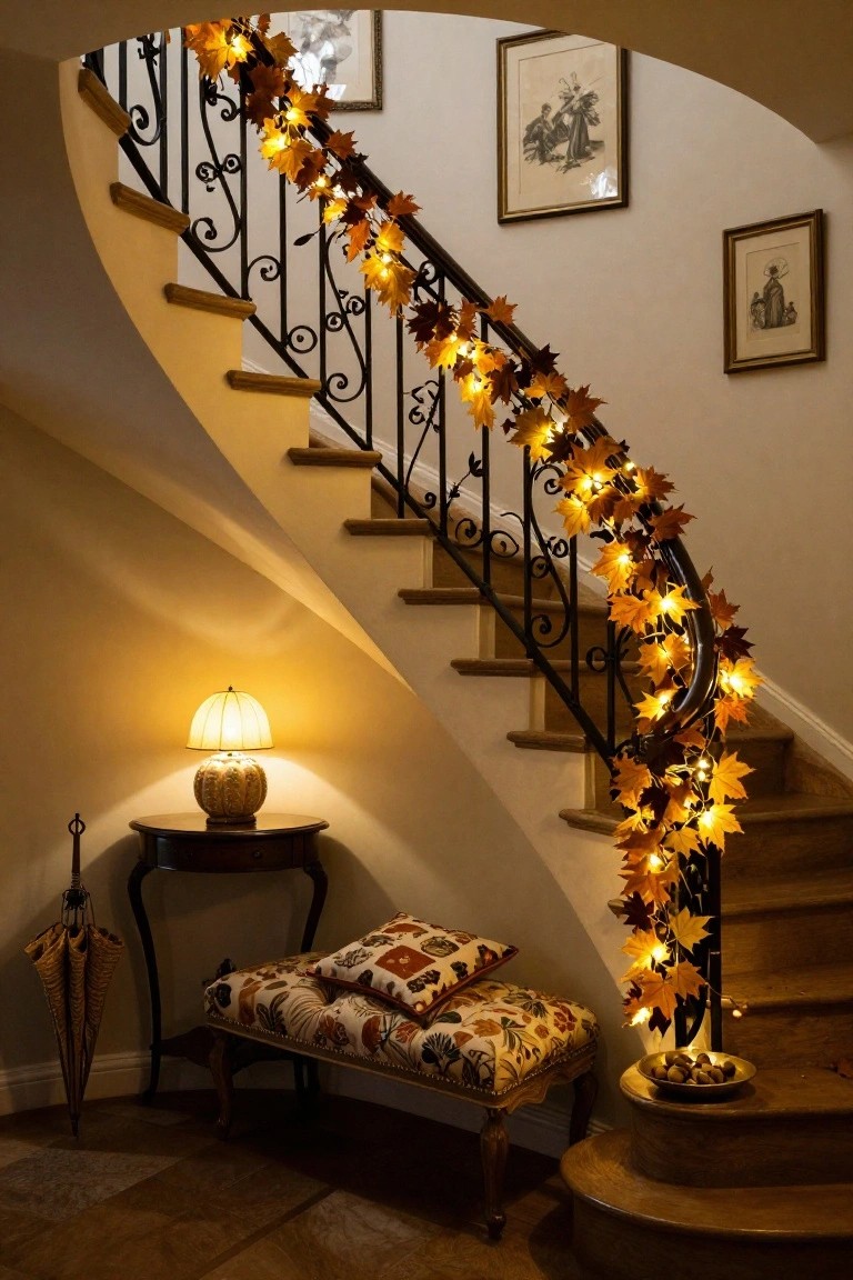 Curved wooden staircase with black wrought iron railing wrapped in orange lighted maple leaf garlands, a table with lamp and bench holding pillows nearby, and an umbrella stand in an elegant interior.