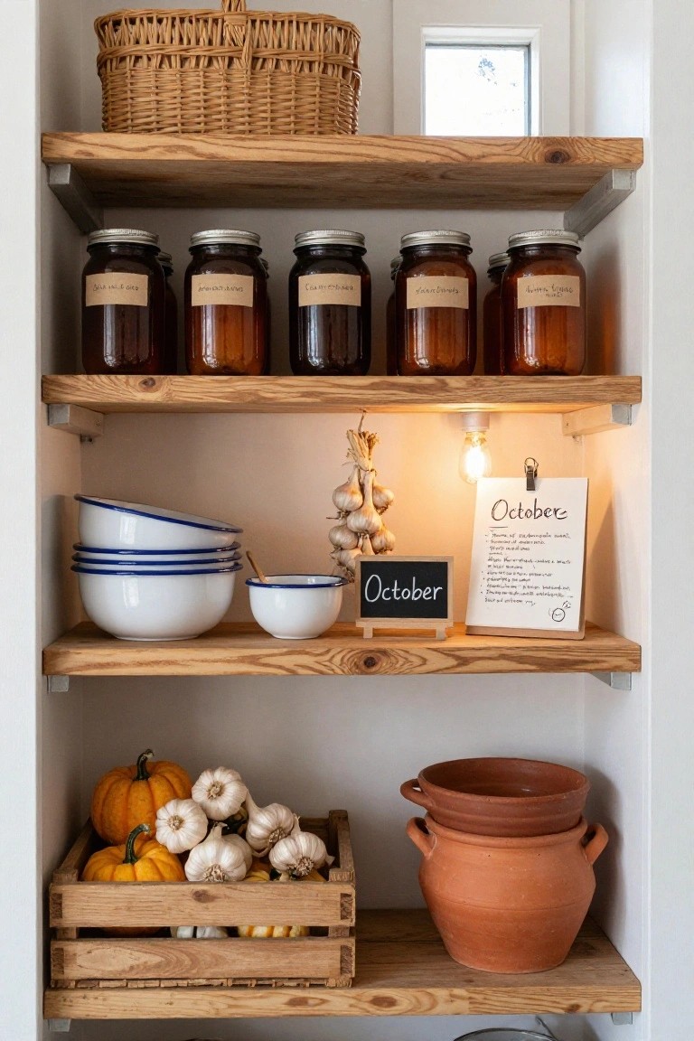 Wooden pantry shelves holding glass jars labeled with preserves, stacked white and blue bowls, a braid of garlic, small pumpkins and garlic bulbs in a wooden crate, terra cotta pots, a wicker basket, and a chalkboard sign reading October with a handwritten list.