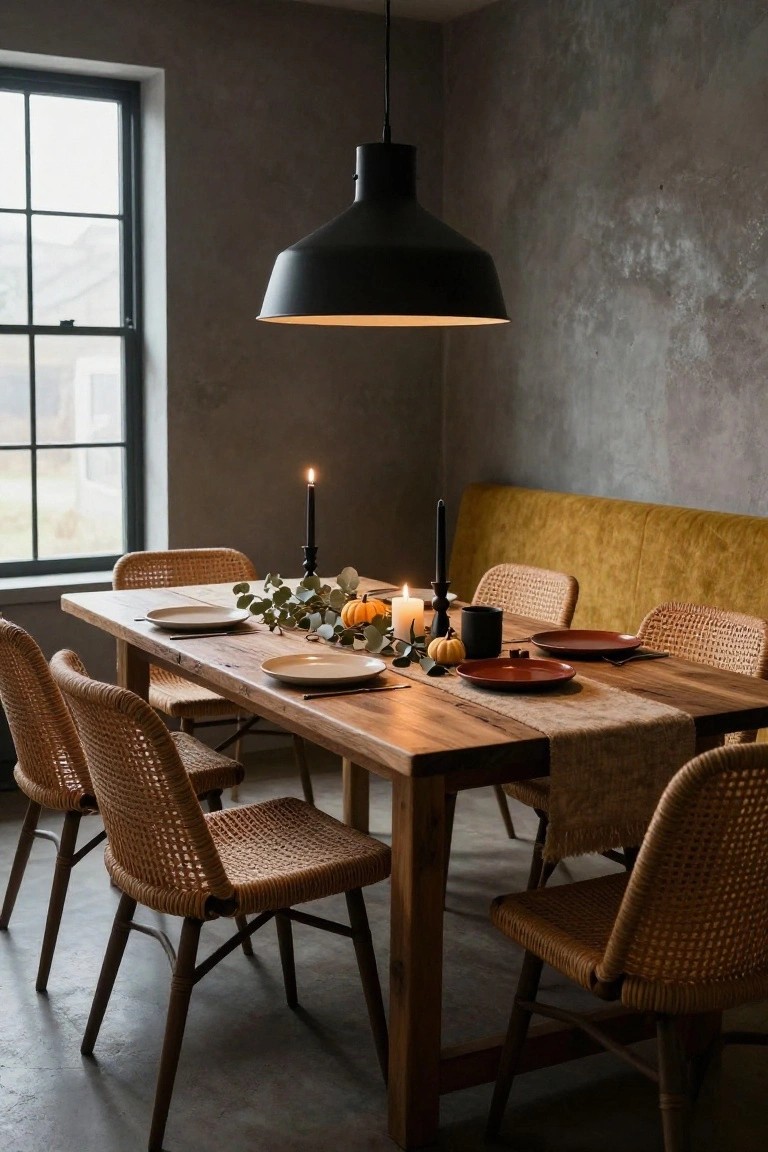 Rustic wooden dining table set with white plates, red plates, eucalyptus greenery, mini pumpkins, black candles, mug, and runner, surrounded by rattan chairs and a yellow velvet bench in a gray textured room with black pendant light and window.