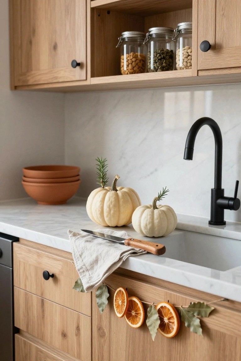 Kitchen countertop with two white pumpkins and rosemary sprigs next to a knife on a linen towel by a black faucet sink, wooden cabinets above holding jars of nuts and beans, and lower cabinets decorated with a garland of dried orange slices and bay leaves.