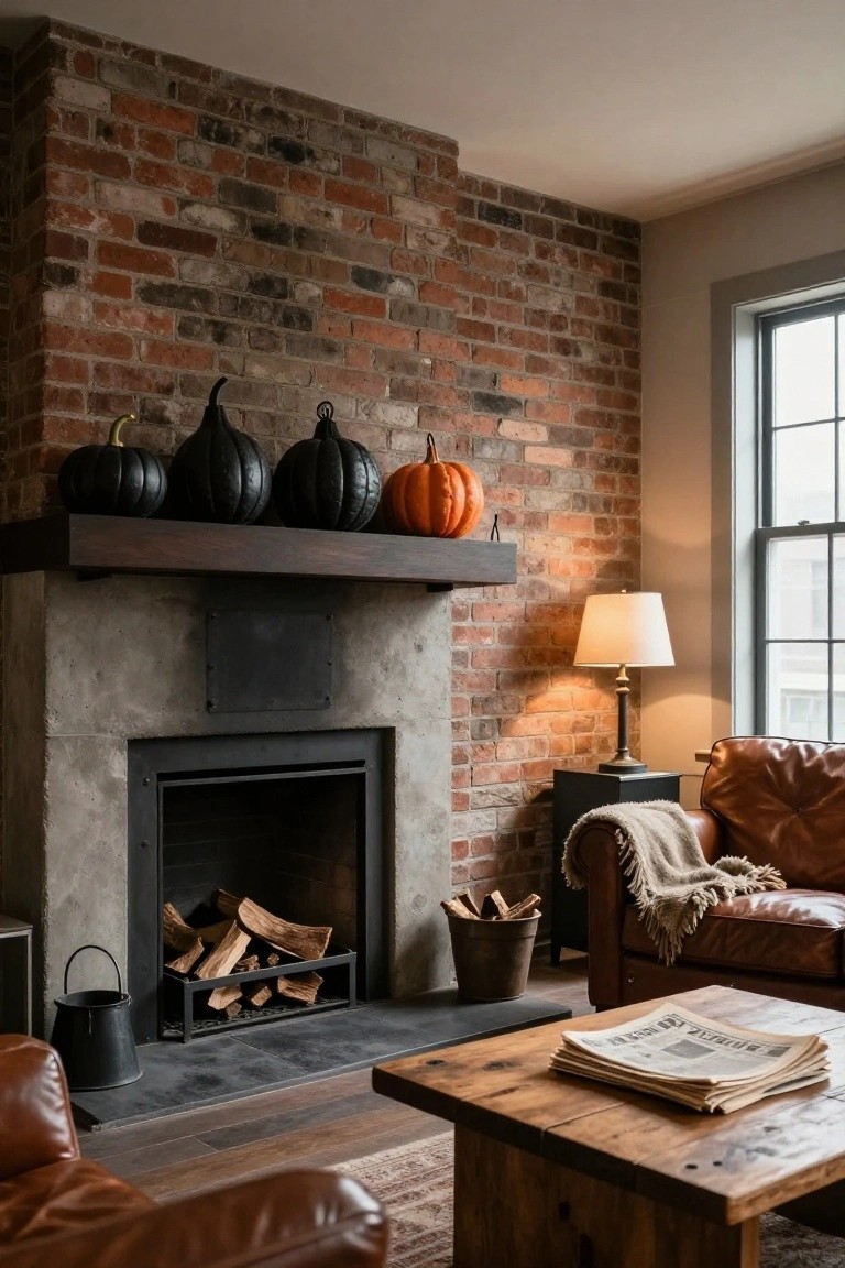 Brick-walled living room featuring a fireplace with stacked firewood, black pumpkins and one orange pumpkin on the wooden mantel, leather sofas, wooden coffee table with newspapers, and a table lamp.