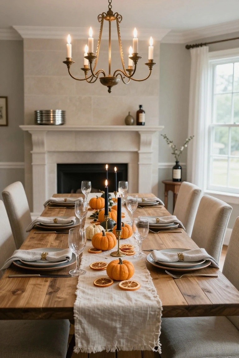 Dining table in a beige room with fireplace, set with gray plates, wine glasses, beige fringed linen runner scattered with small pumpkins, dried orange slices, and black taper candles in gold holders, under a brass chandelier.