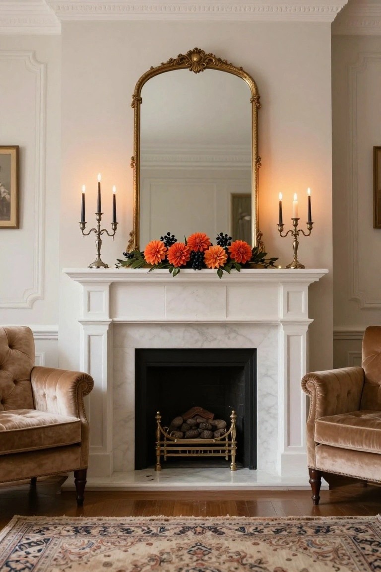 White marble fireplace mantel topped with orange dahlias, dark berries, and green leaves, flanked by silver candelabras holding lit black candles, gold-framed mirror above, velvet armchairs on either side, and oriental rug on wood floor in pale room.