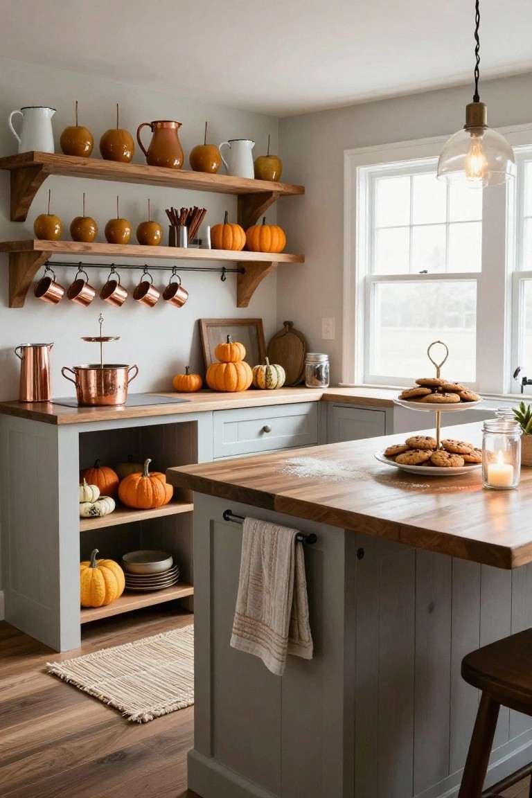 Kitchen with gray cabinets, wooden open shelves displaying pumpkins, candy apples, copper pots and mugs, a wooden island with cookies on a stand, candle, and fall decor.