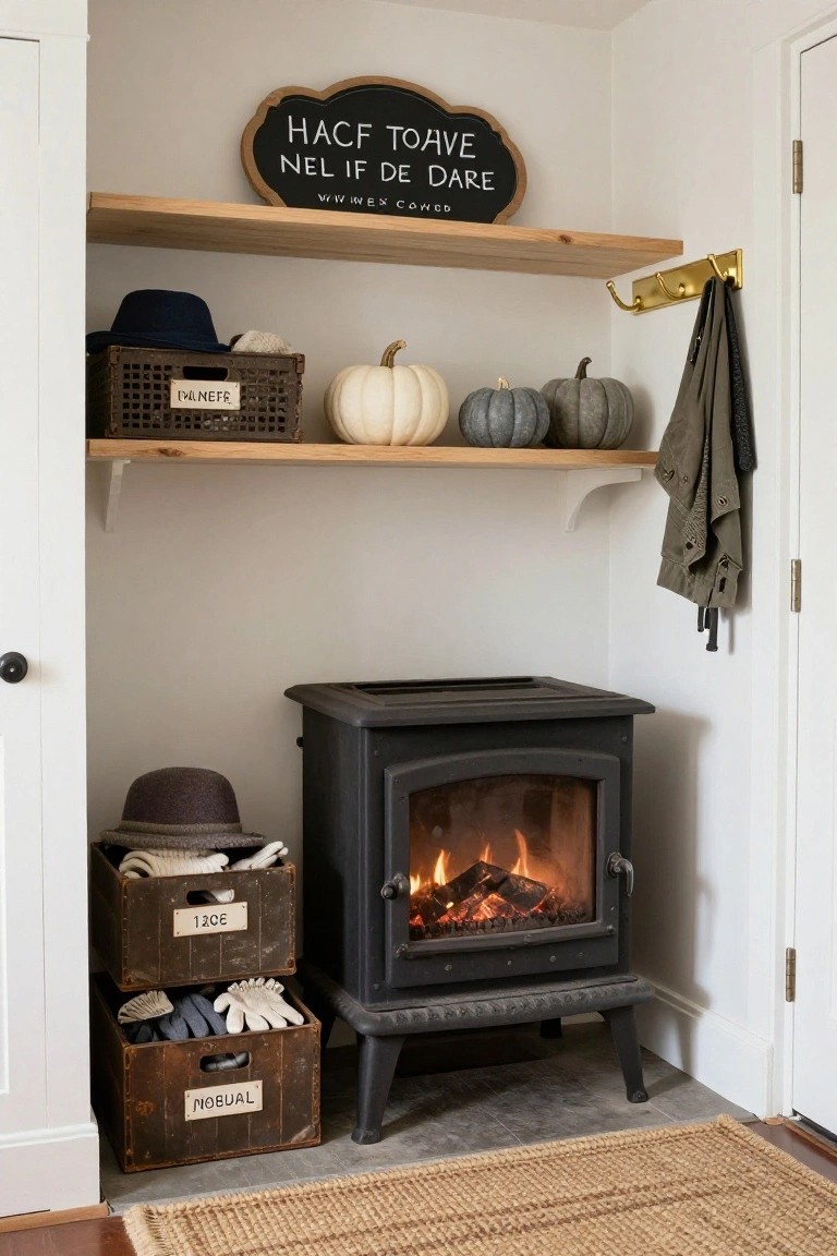 White-walled interior nook with wooden shelves holding baskets, hats, and white and gray pumpkins above a black freestanding stove with fire lit, wooden crates labeled with gloves below, coat hooks with jackets, and a sign on the wall.