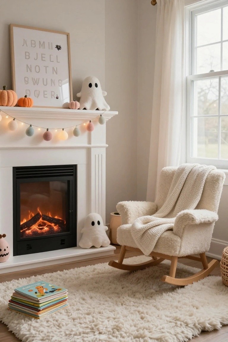 Cozy room interior featuring a lit gas fireplace with plush white ghost toys nearby, pastel fairy light garland on the mantel, small pumpkins, a white fuzzy rocking chair with knit throw, stack of children's books on fluffy white rug, and Halloween letter sign on wall.