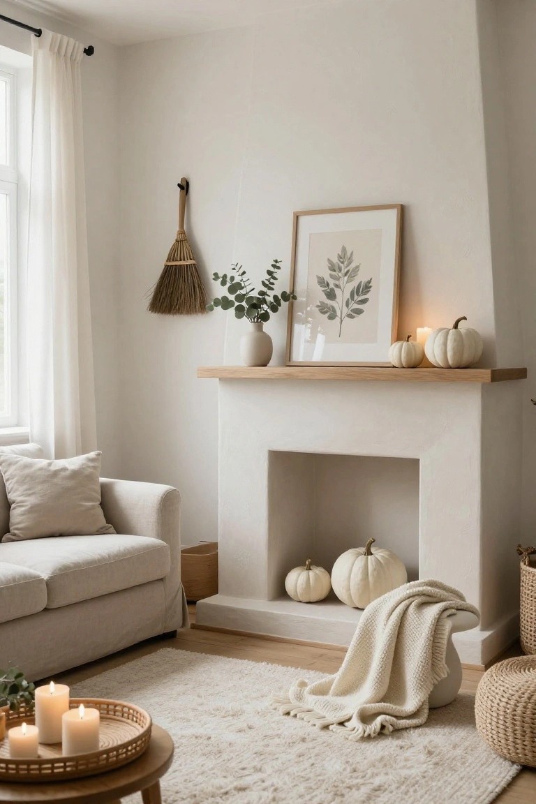 Cozy White Pumpkins by the Fireplace