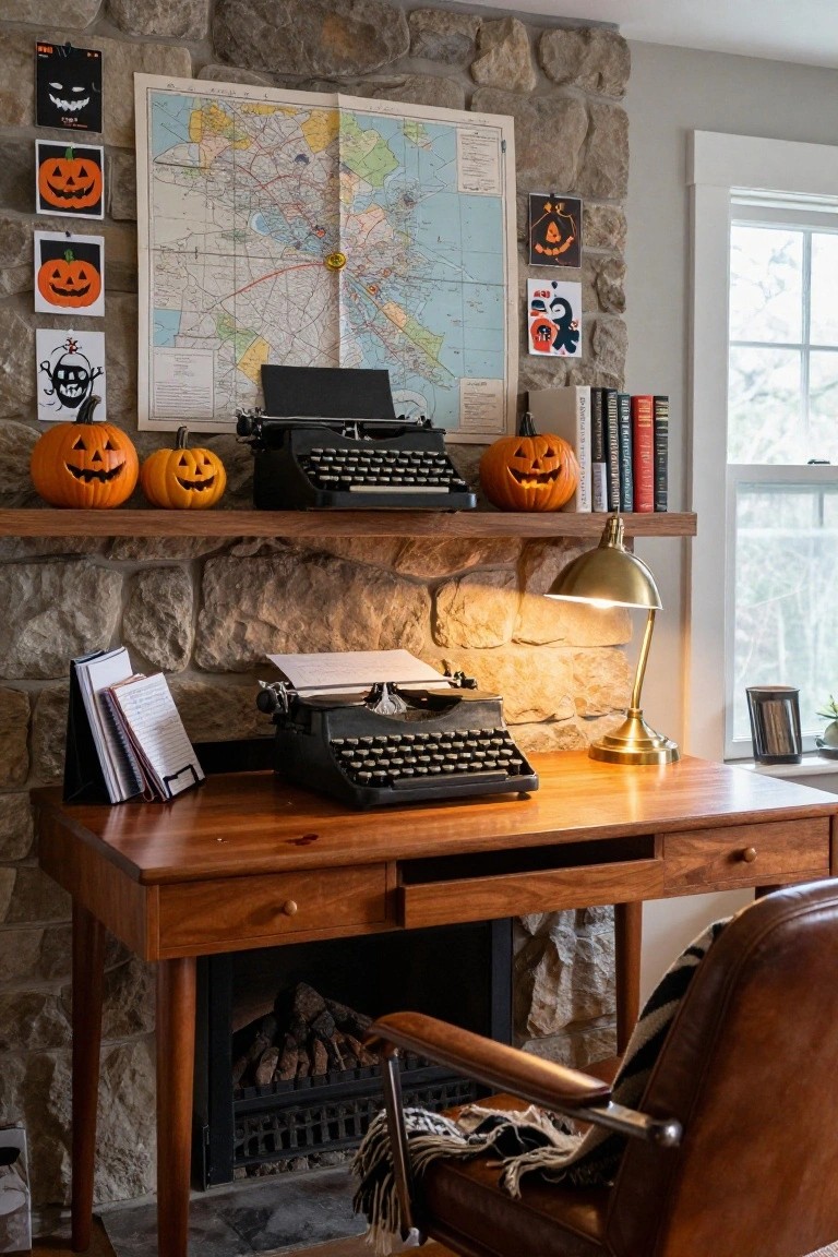 Wooden desk with black vintage typewriter in front of stone wall fireplace, shelves above holding orange pumpkins and books, brass desk lamp, and leather chair nearby.