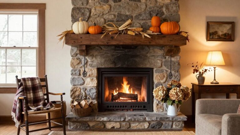 Stone fireplace with dark wooden mantel decorated with white and orange pumpkins, wheat sheaves, and corn husks, gas fire burning inside, wicker log basket on hearth, rocking chair nearby, and hydrangeas in pitcher on side table.