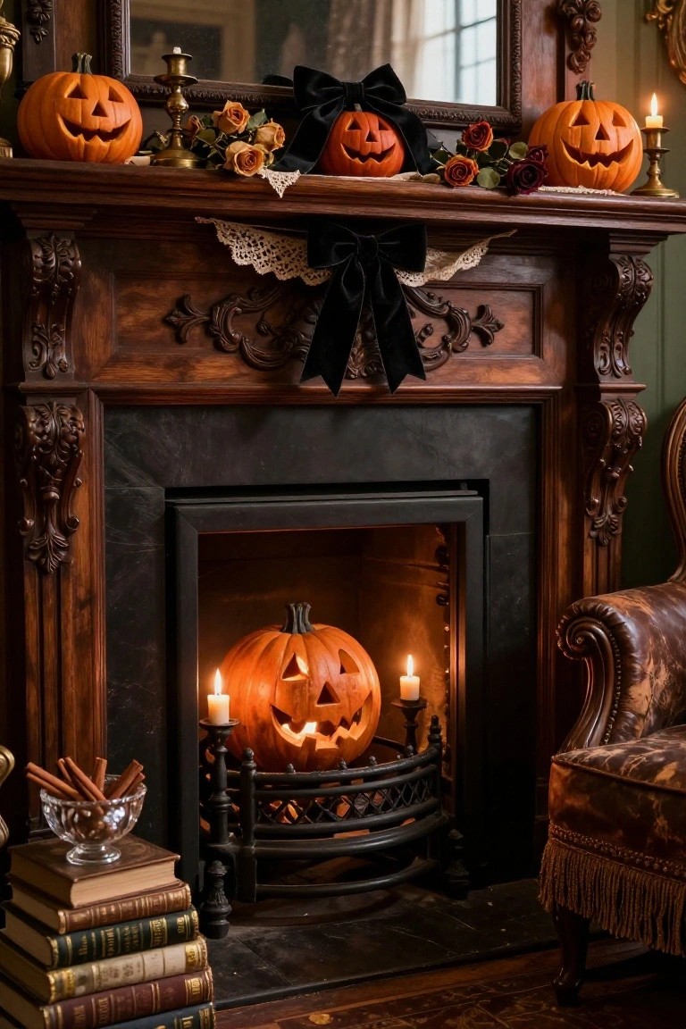 Ornate wooden fireplace mantel with carved lit pumpkins on top and one in the grate, flanked by candles, black bow, lace, roses, old books, and cinnamon sticks next to a tufted armchair.