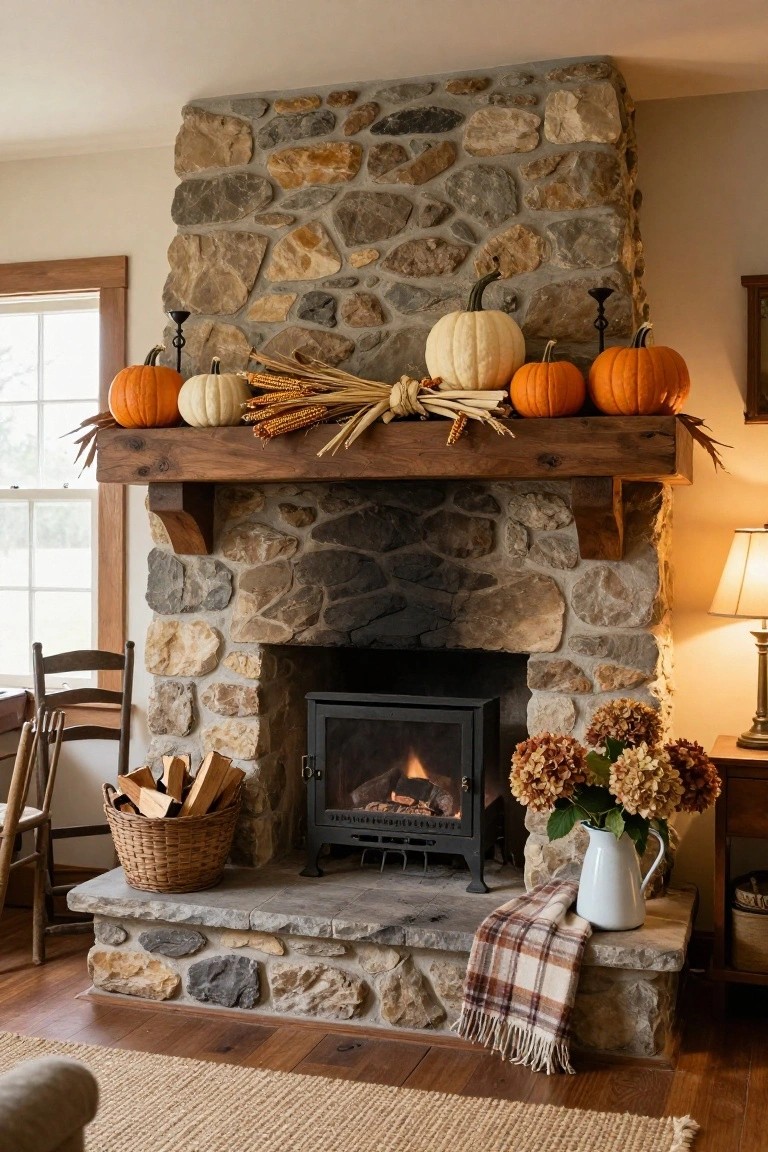 Stone fireplace with dark wooden mantel decorated with white and orange pumpkins, wheat sheaves, and corn husks, gas fire burning inside, wicker log basket on hearth, rocking chair nearby, and hydrangeas in pitcher on side table.