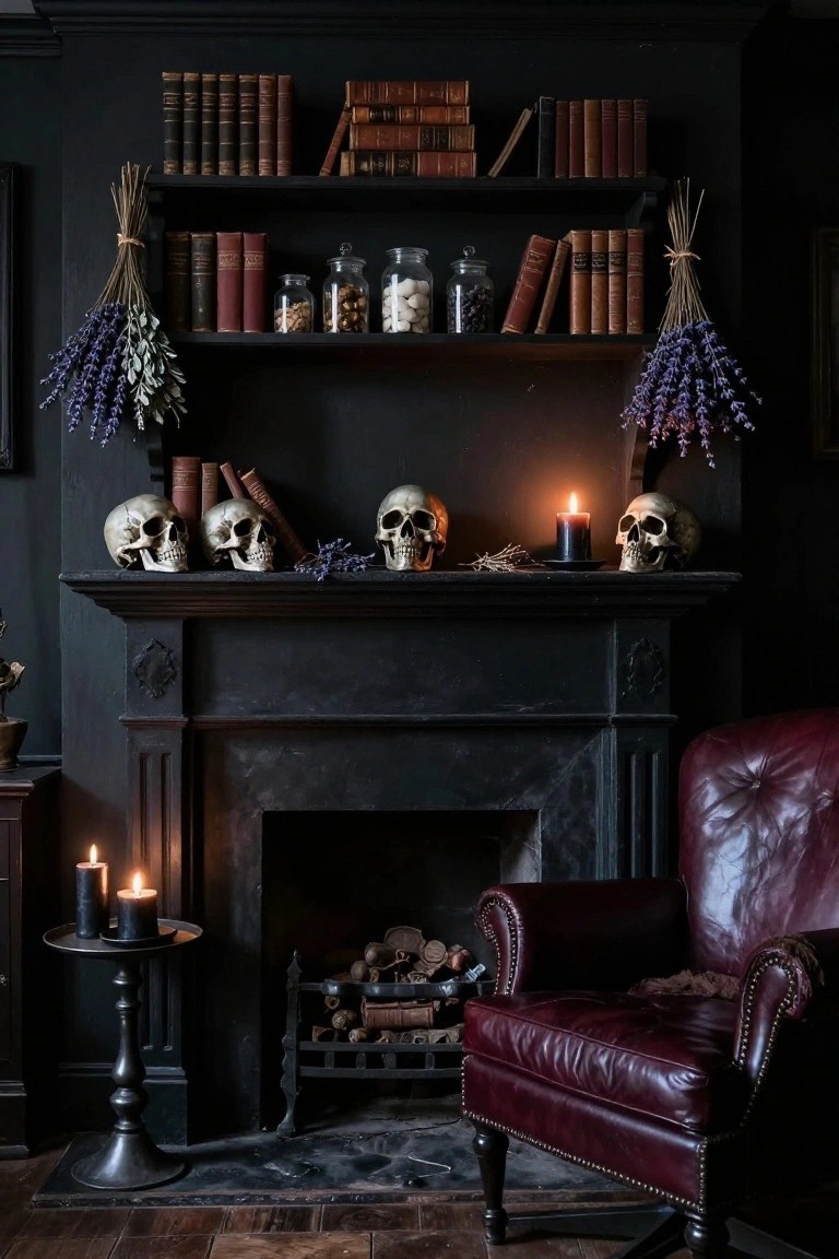 Dark gothic interior room with black fireplace mantel decorated with four white faux skulls, black candles, dried lavender sprigs, and twigs, bookshelves stocked with vintage books and jars above, red leather armchair beside a lit fireplace.