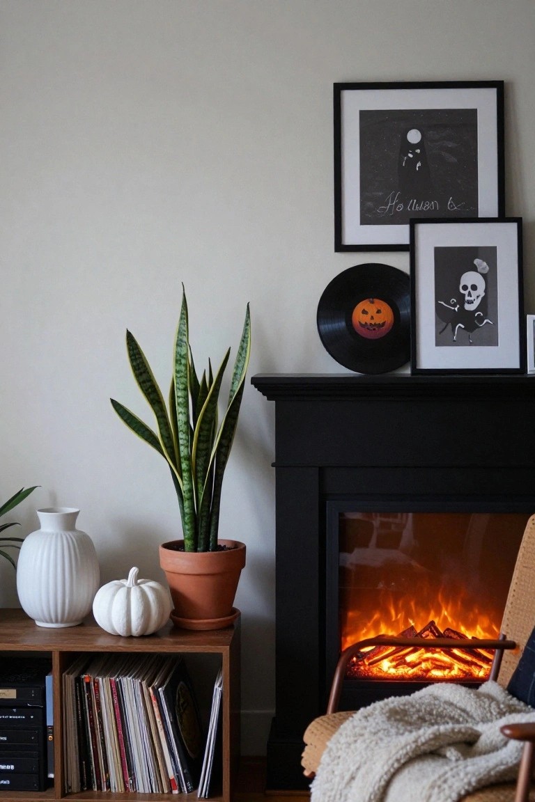Living room corner featuring a black fireplace with electric flames, a vinyl record with orange pumpkin design on the mantel, two black frames with Halloween illustrations above, snake plant in terracotta pot, white pumpkin on side table, wood bookshelves with records, and armchair with blanket.