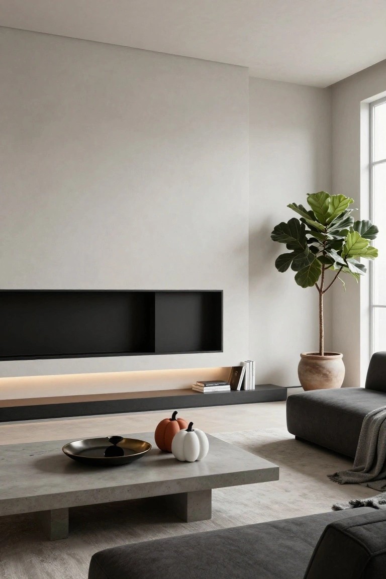 Modern minimalist living room corner with neutral walls, built-in black fireplace, concrete coffee table holding black plate and white orange pumpkins, gray L-shaped sofa, potted fiddle leaf fig plant in terracotta pot, and large window.