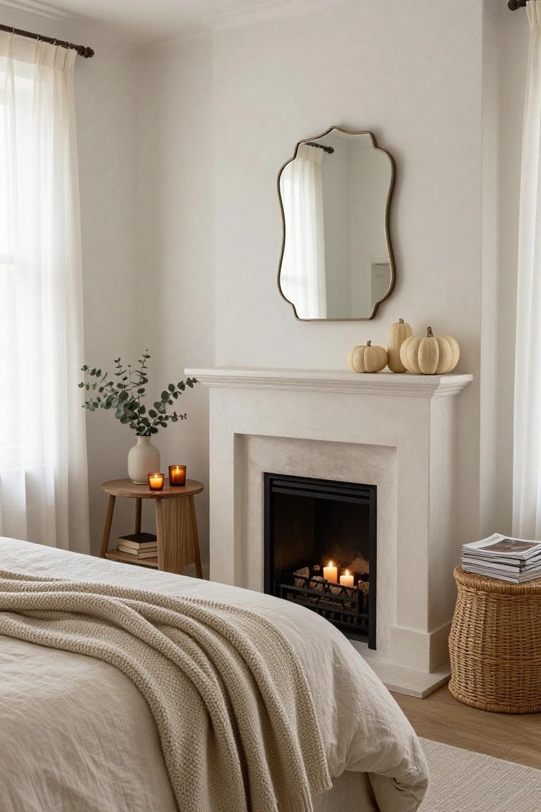 Neutral Pumpkins on the Mantel