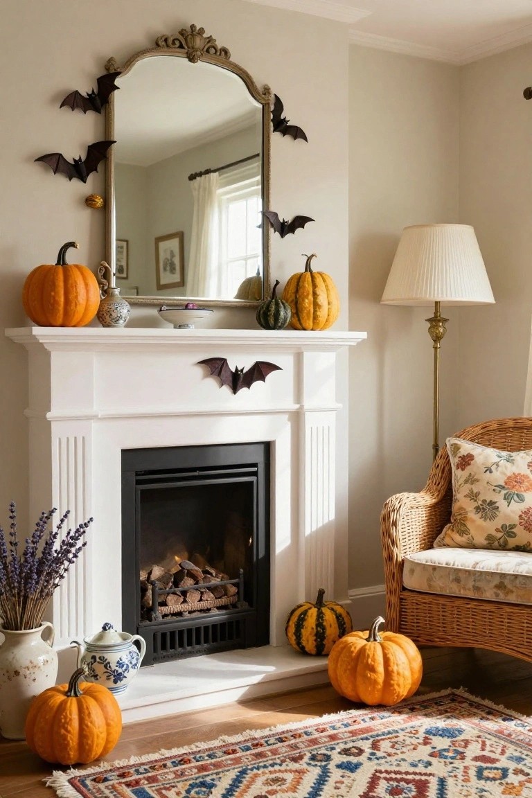 White fireplace mantel decorated with orange and green pumpkins, blue and white teapot, vase, and paper bats; ornate gold mirror above with more bats and pumpkins; lavender flowers, floor pumpkins, wicker chair, and lamp in beige room.