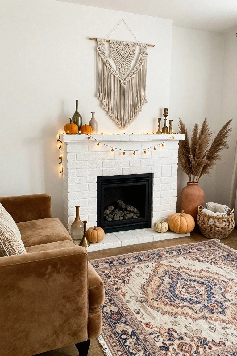 White brick fireplace in a living room with mantel garland of fairy lights and mini orange pumpkins, flanked by tall pampas grass, glass bottles, candles, larger pumpkins on the hearth, velvet sofa, and patterned rug.