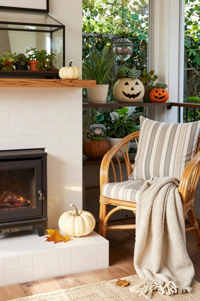 Pumpkins Around the Fireplace Hearth