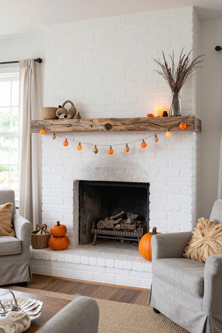 White brick fireplace with reclaimed wood mantel holding woven baskets and a garland of orange pumpkin lights and faux pumpkins, flanked by gray armchairs with textured pillows and small pumpkins on the hearth.