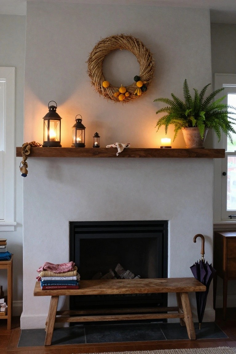 A living room fireplace mantel shelf holding lanterns, a small bird figure, and a tea light candle, topped by a wheat wreath with mini pumpkins and gourds on the wall above, with a potted fern plant to one side and a wooden bench stacked with folded blankets below.