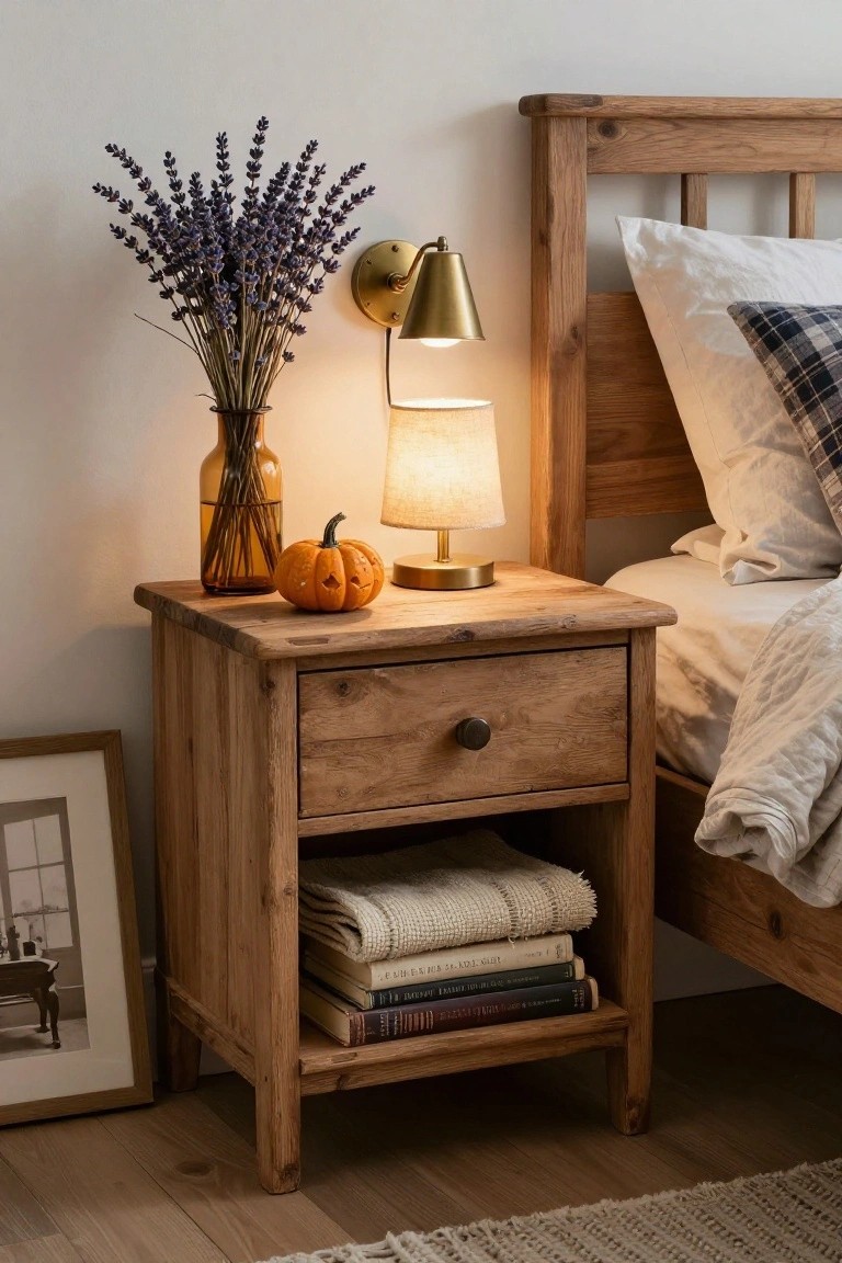 Beige-toned bedroom corner with rattan headboard bed covered in white linens, plaid throw, wheat pillows, dark wood dresser, wooden bench at foot holding white pumpkins in metal tray on greenery, leaf wall art, lamp, and window with sheer curtains.