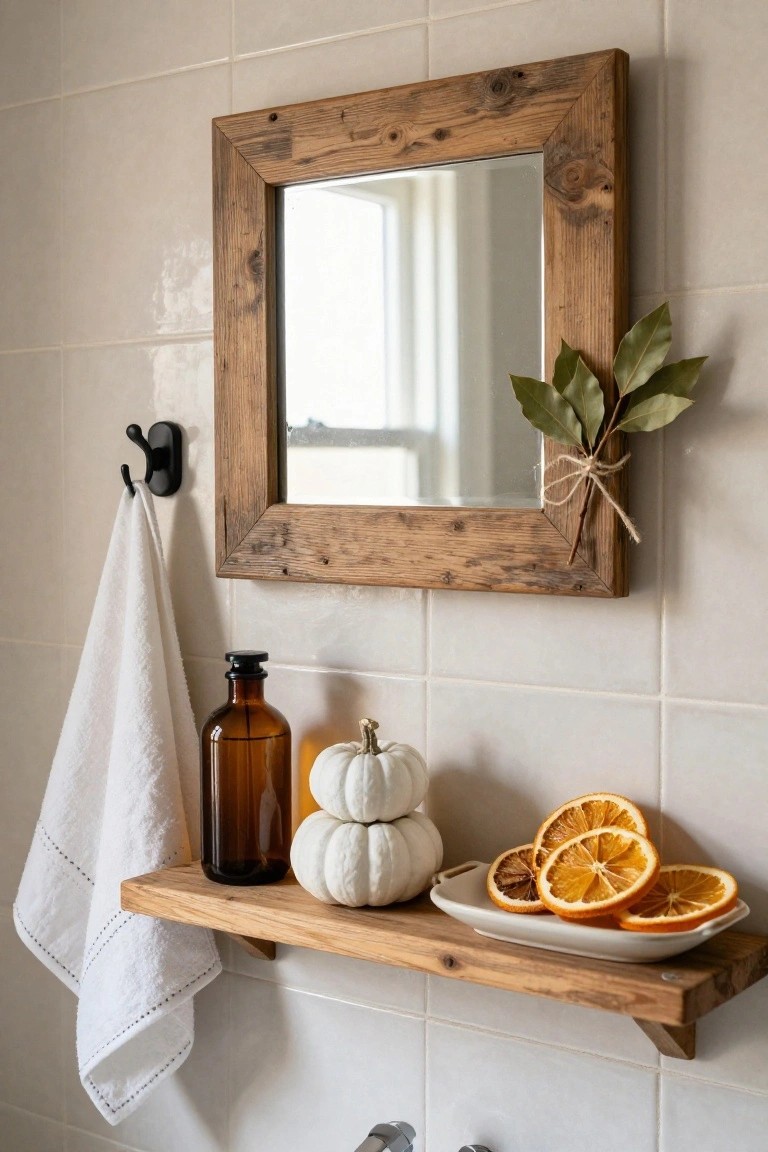 Gray wood cubby shelf unit holding wicker baskets and topped with straw hats next to a wooden bench with pumpkins and baskets underneath, wheat stalks in a vase, towels on pegboard hooks, umbrella stand, and milk jug beside a beige rug in a light gray room.