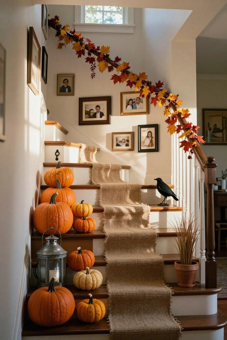 A bathroom with wooden vanity, white undermount sink, black faucet, white subway tile backsplash, gold round mirror, hanging beige towel, and counter decor of small white pumpkins in a basket, rosemary plant, glass bottles, and candle.