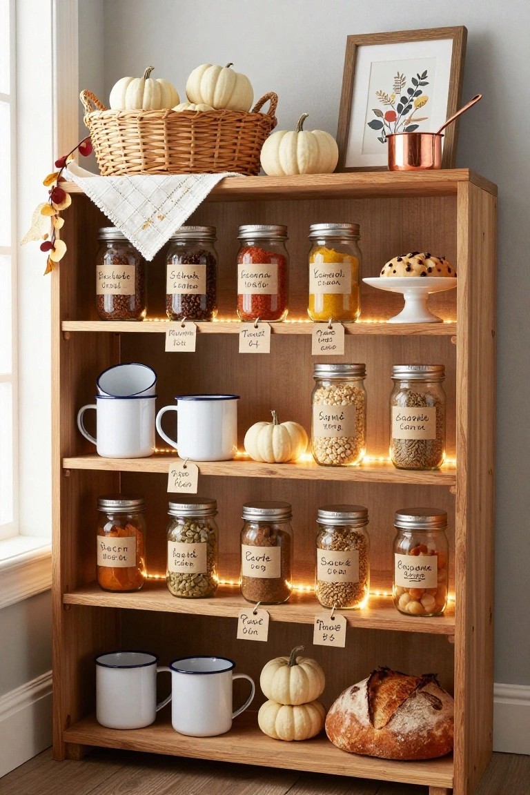 White-walled interior room with cushioned window bench piled with beige pillows and cream throw blanket, wooden table holding black pumpkin and brass candlestick, potted hydrangeas on tree stump stool, hanging ivy plant, bookshelves, and Happy Fall sign near large multipane windows showing rural fields.