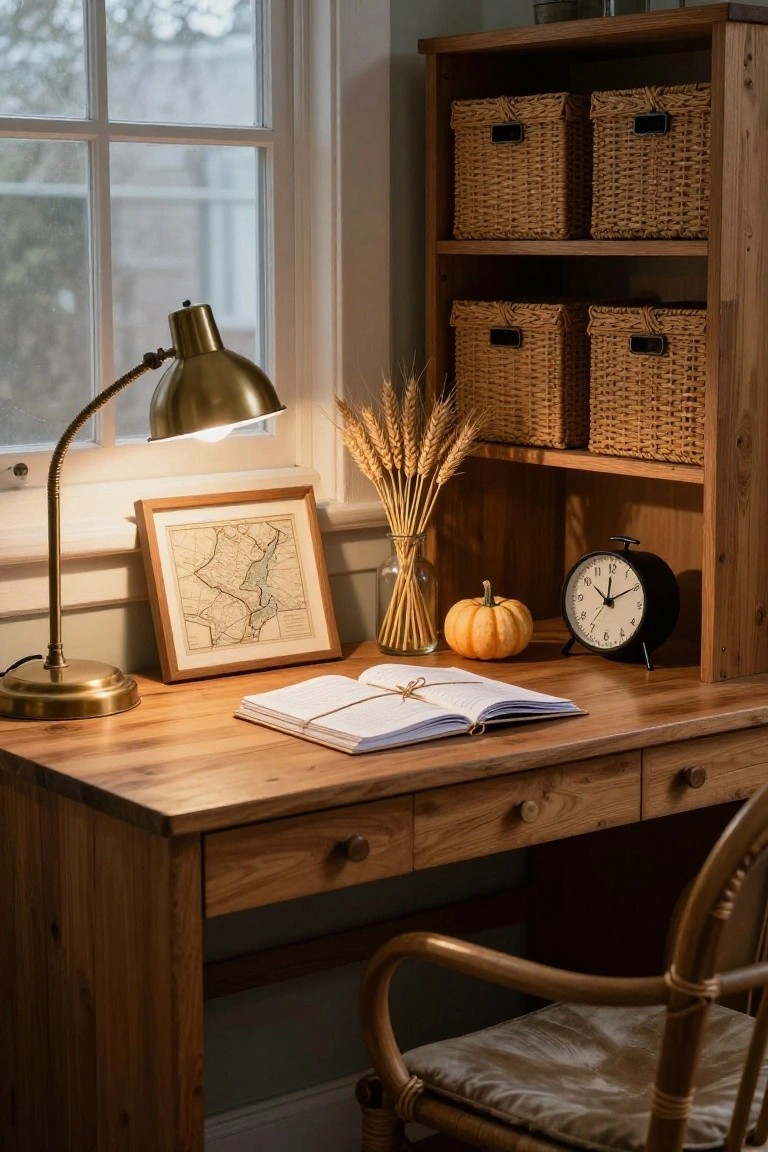 White wooden crib with orange knitted pumpkins inside and blankets draped over, beside a wooden rocking chair with a cream blanket, in a softly lit room with shelves holding books and a jack-o-lantern pumpkin, black bat cutouts on the wall, and a wicker basket of plush pumpkins on the floor.