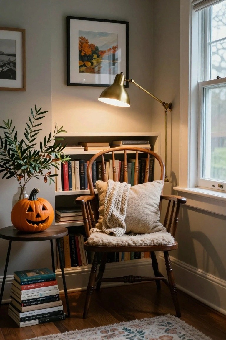 Cozy interior reading corner with tall white bookshelves full of books, wooden ladder leaning against shelves, brown leather armchair with plaid throw, brass side table holding carved orange pumpkin and white mug with steam, arched floor lamp, and two framed botanical prints on light gray walls.