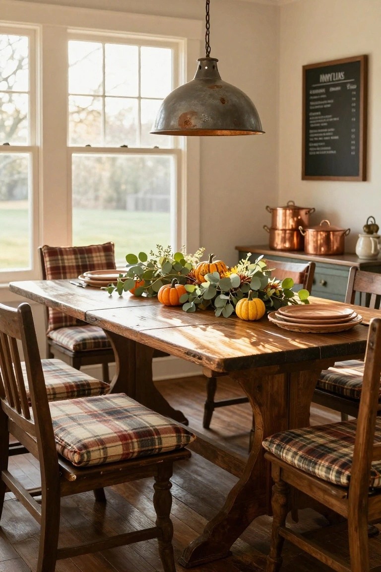 Corner sewing station on wooden desk with green vintage sewing machine, spools of thread, desk lamp, wall shelves with jars, pegboard with scissors ribbons and dried oranges, stool, and basket of orange felt pumpkins.