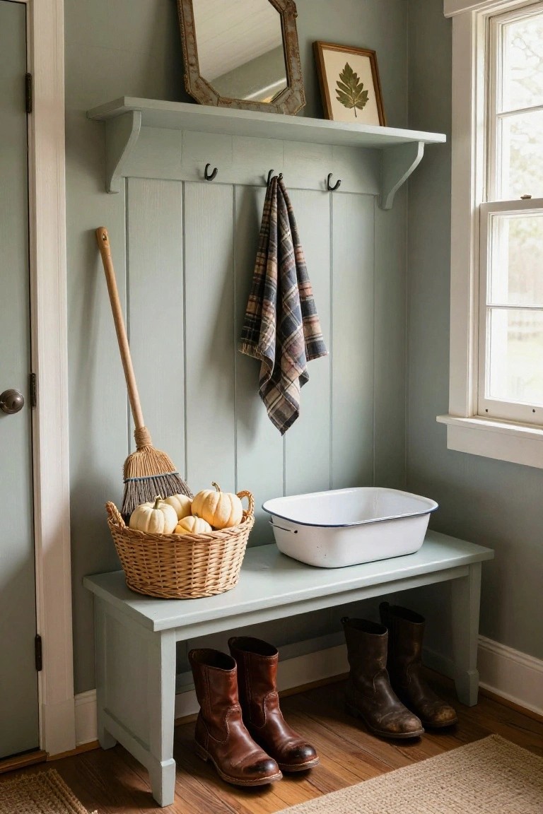 Sunlit indoor corner with a wooden bench topped by plaid pillows under two large windows, a side table holding a pumpkin and brass cup, cotton bolls in a jar, and a shelf with books and ceramics.