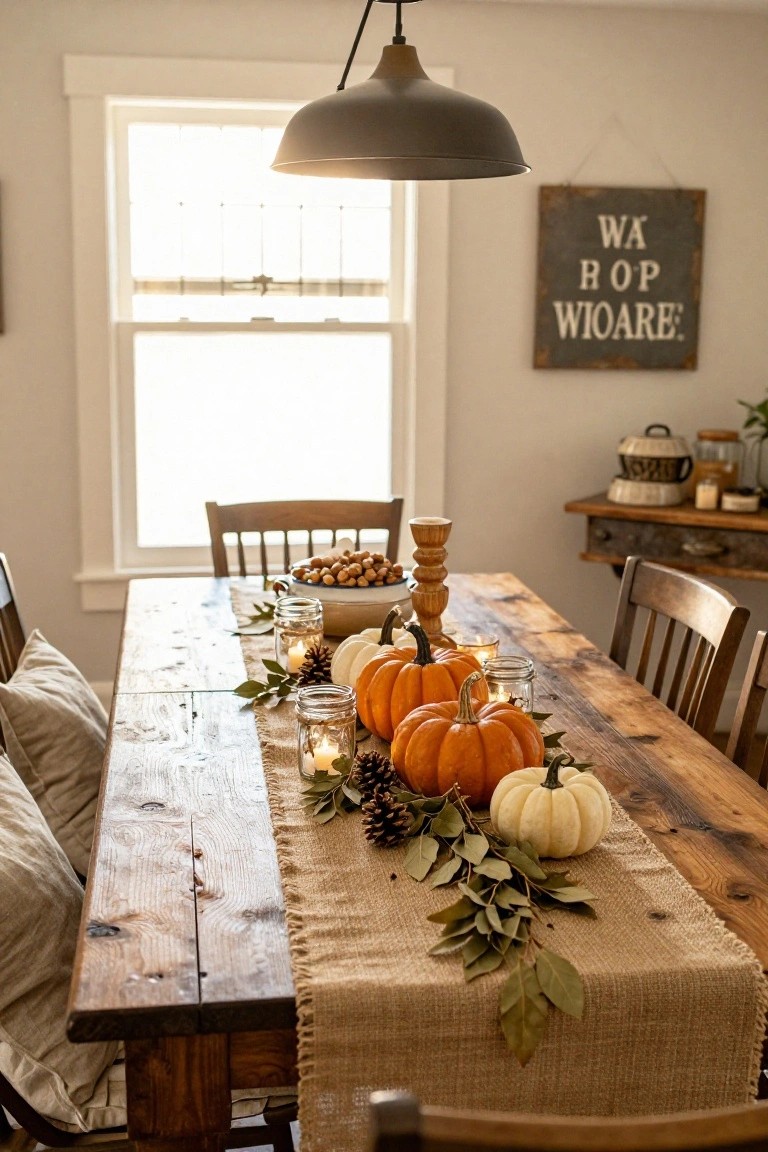 Farmhouse kitchen with white subway tile backsplash, brass faucet farmhouse sink, hanging black pots, carved jack-o-lantern pumpkins on counters, and a wooden table holding a platter of assorted orange pumpkins with cinnamon sticks and a copper mug.