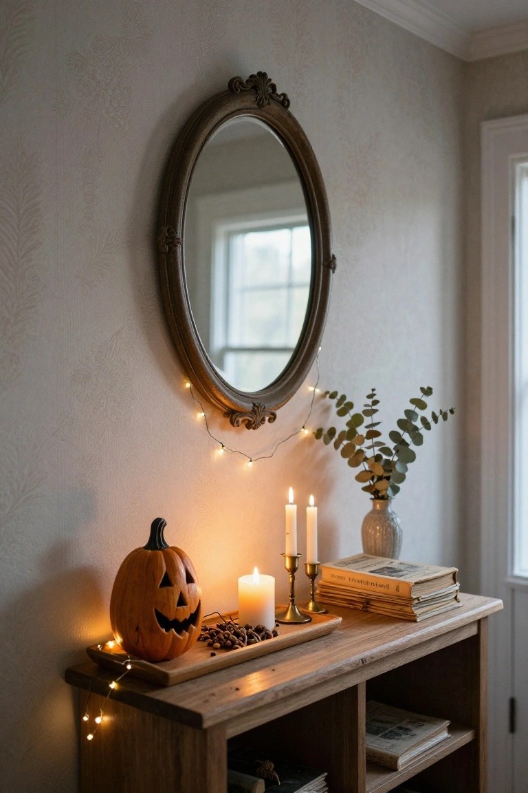 Indoor entryway with a rustic wooden pallet console table displaying multiple orange and white pumpkins, a metal lantern with candle, black crow figurine, and woven mat, flanked by a black wire basket of pumpkins, ornate mirror, and framed pumpkin artwork on shiplap walls.
