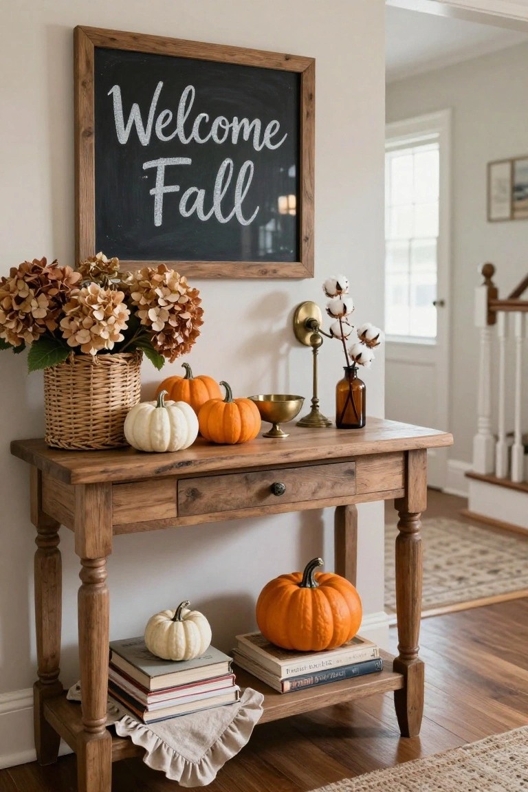 Wooden dining table in a beige-walled room set with a beige runner, white pumpkins, amber glass bottles, eucalyptus, pears in a basket, and wooden chairs around it under a lit black chandelier.